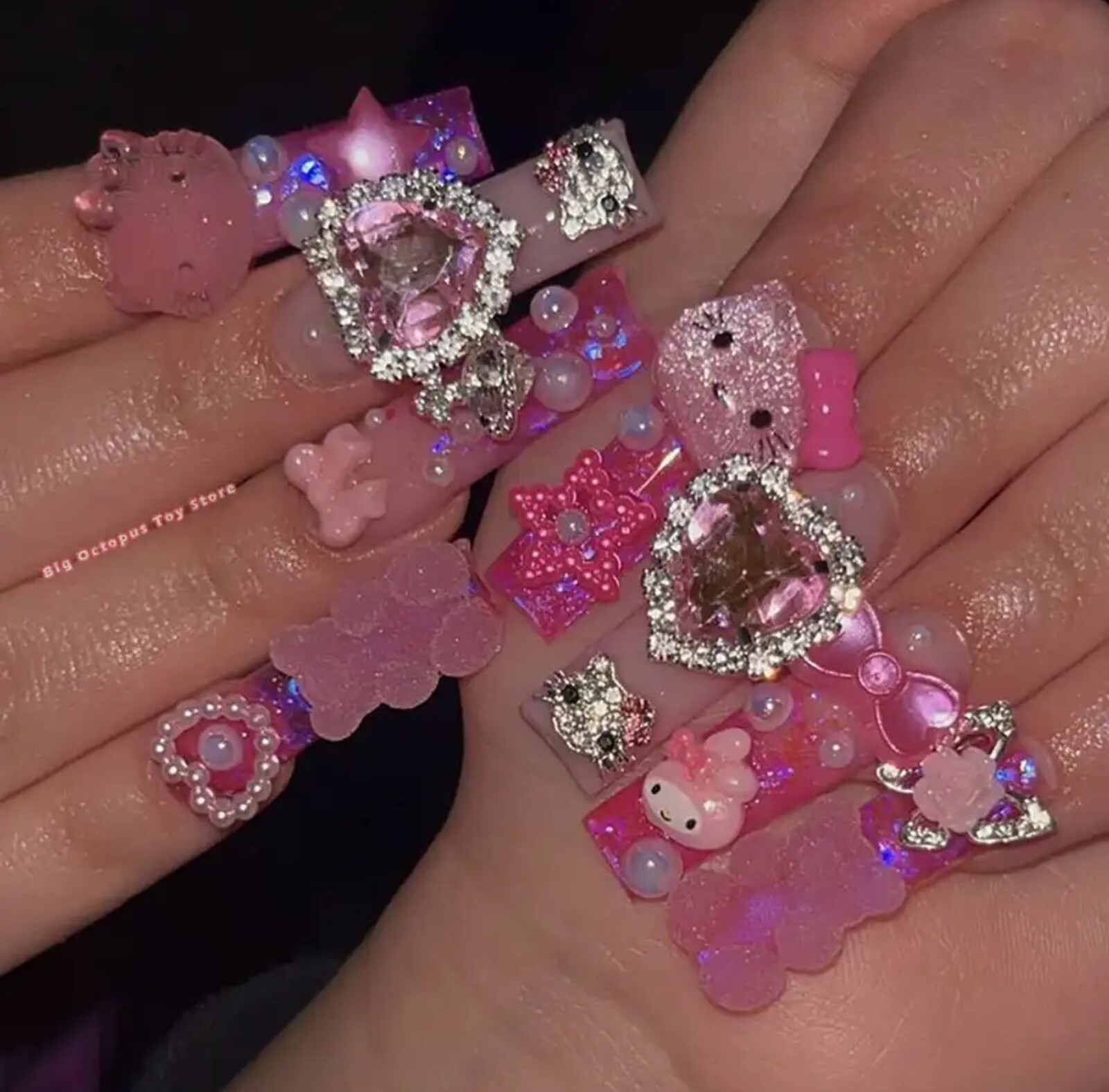 Xxxl Rectangle, Fake Nails 3D Hello KITTY Pink Diamond Strong, Long Nails