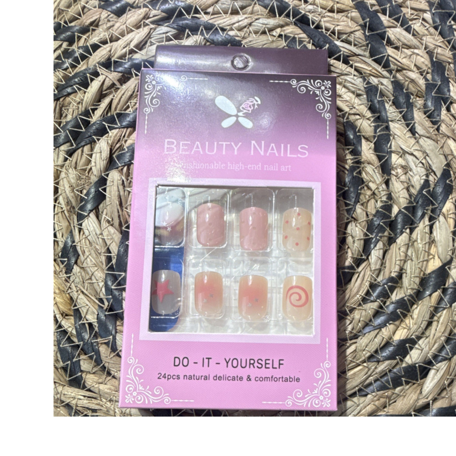 Beauty Nails Press-On Nails Set 24pcs Pink Beige Red Square Star Swirl Polka Dot