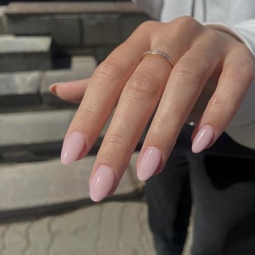 Pastel Light Pink Press on Nails Short Oval, Glossy Soft Gel Fake oval pink