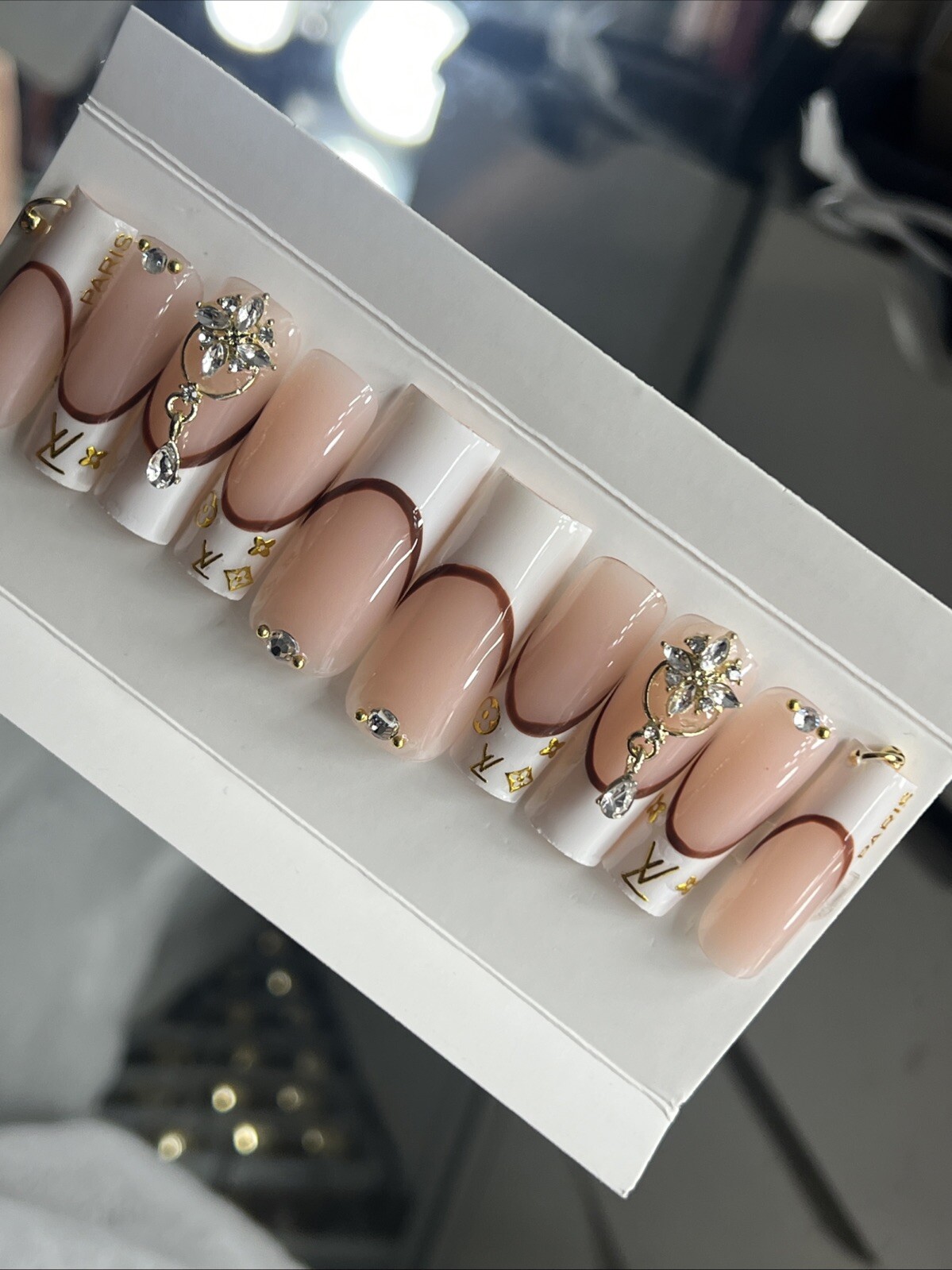 💎 CUSTOM Hard Gel Press On Nails, BLING NUDE , 10p FULL SET W Kit LONG SQUARE