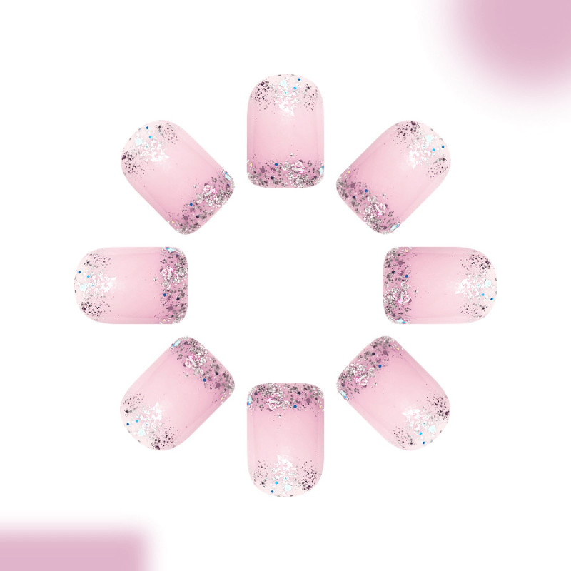 48pcs Soft Pink Nude Glitter French Press on Nails, Clear Diamond Fake Nails