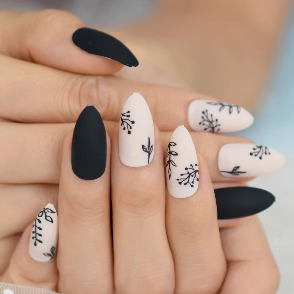 24 Medium Press on nails kit w glue almond black fern goth nude matte