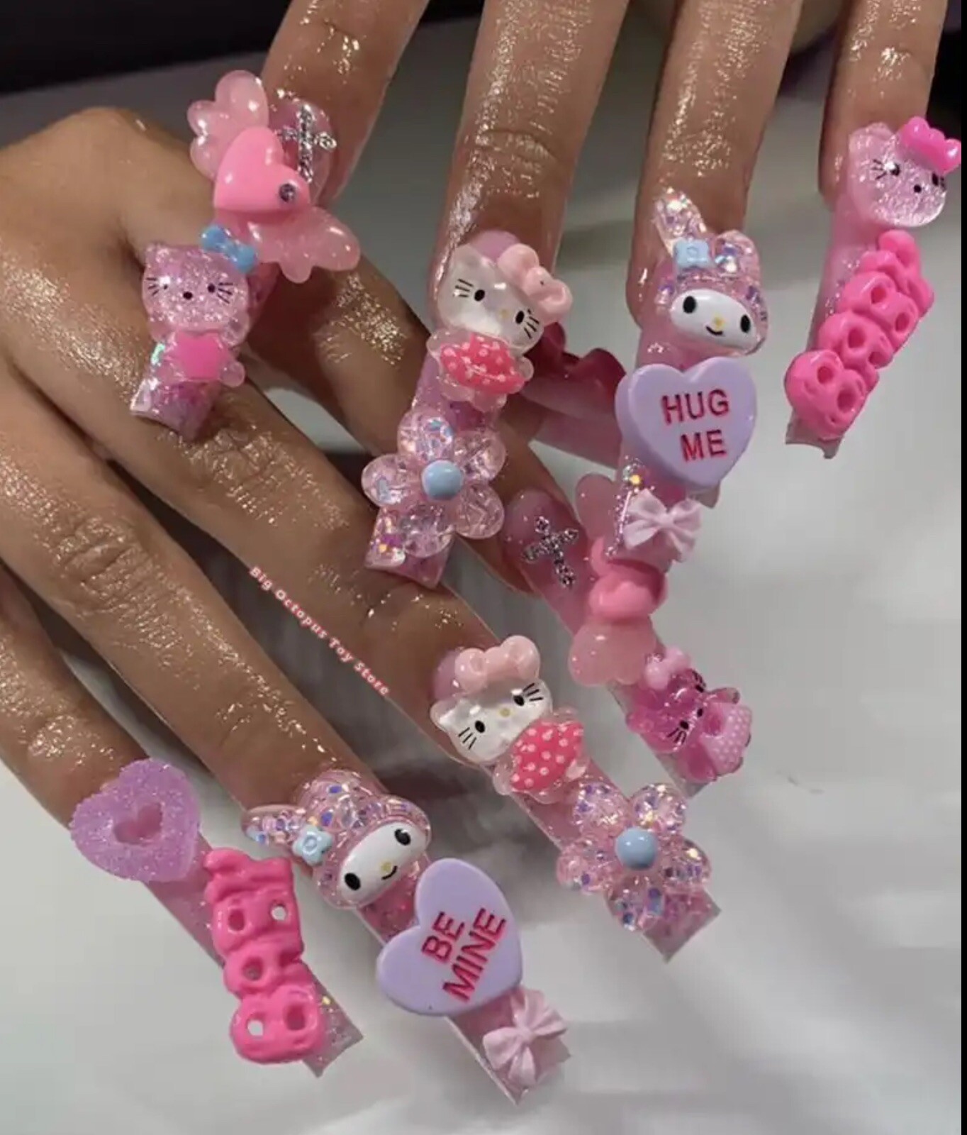 Xxxl Rectangle, Fake Nails 3D Hello KITTY Pink Diamond Strong, Long Nails