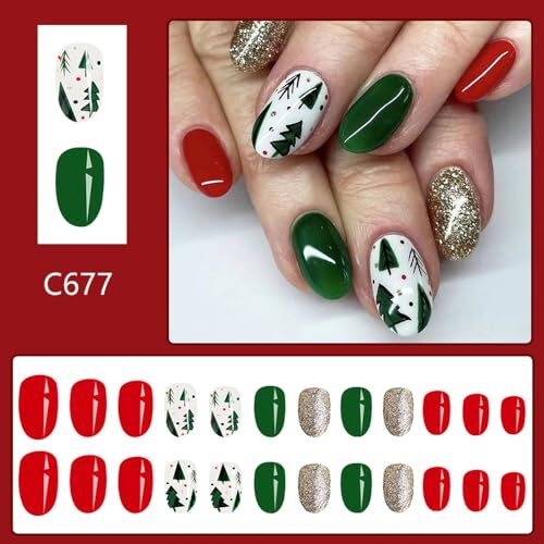 Christmas Press on Nails Short Oval Fake Nails Green Christmas Tree False A7
