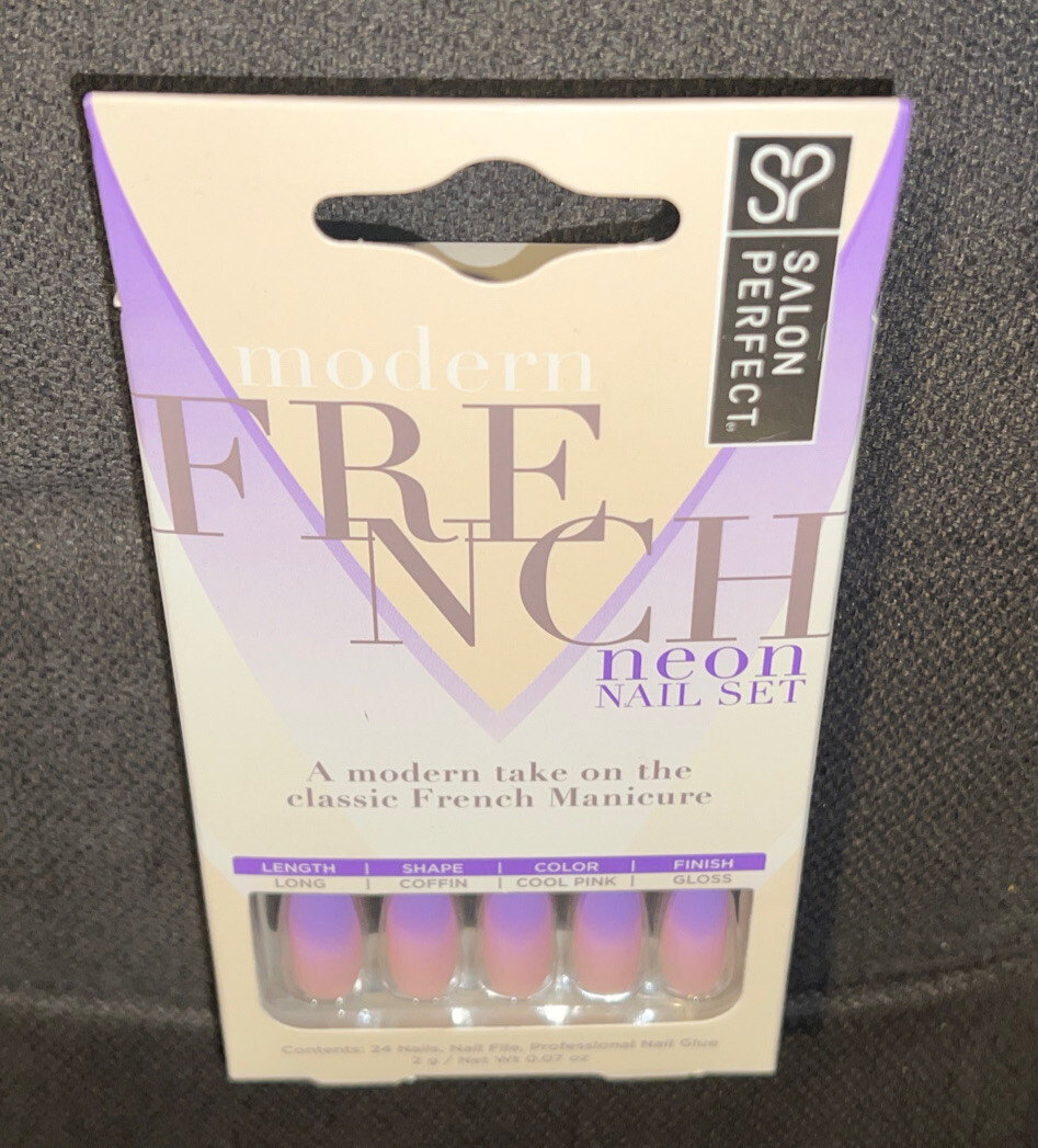Salon Perfect Modern Neon Purple Ombre French Tip Design Long Coffin Shape Nails