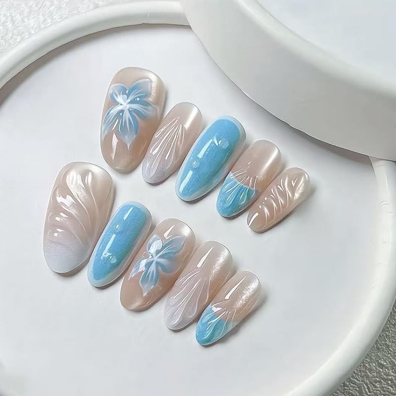 30Pcs Sea Blue Press on Nails Medium Almond Fake Nails Icy Lily Floral 3D Bub…