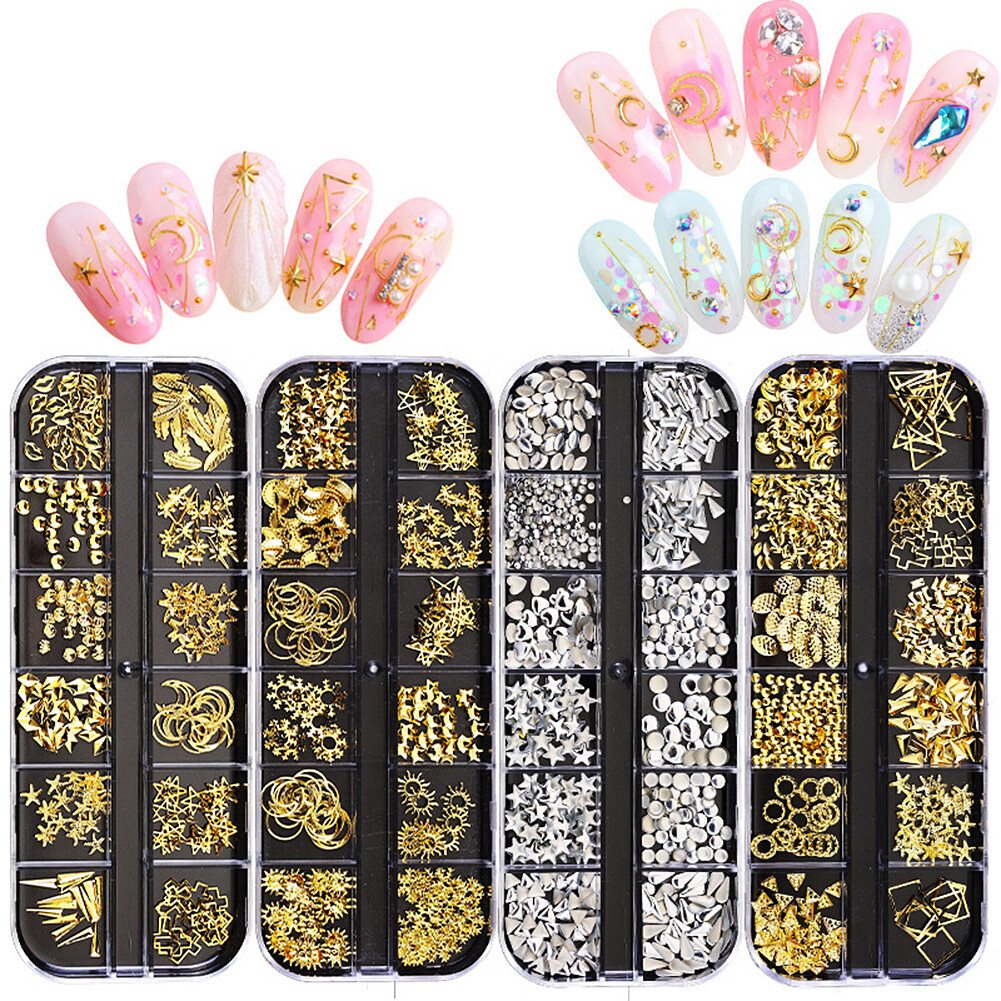 US 12 Grids Nail Glitter Flakes Sequins Rhinestones Pearl Nail Art Decorations
