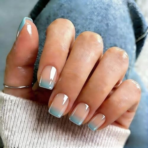 Chrome Ombre Teal Blue Press On Nails – 30 Pcs – Square – Ombre Blue