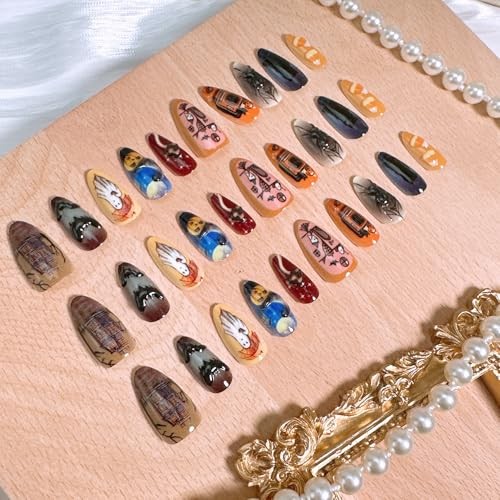 30Pcs Medium Almond Halloween Press On Nails 3D Spider Bat Ghost Designs