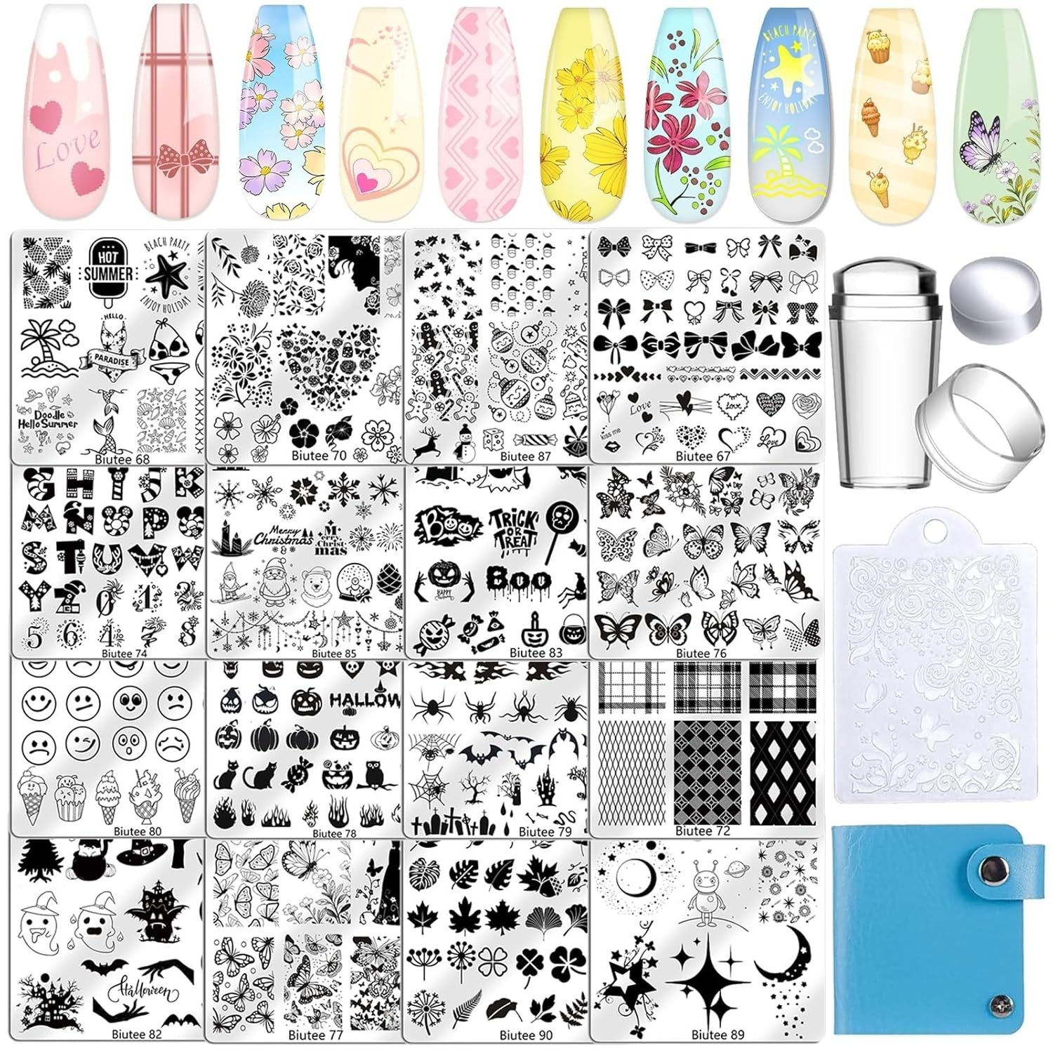 16PCS Nail Stamping Plates Kit with Silicone Stamper, Scraper & Storage Bag