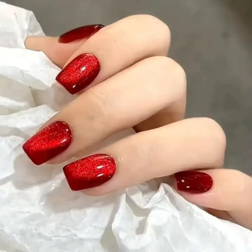 Red Cat Eye Press on Nails Square Fake Nails Bling Glitter Design Short Style-9