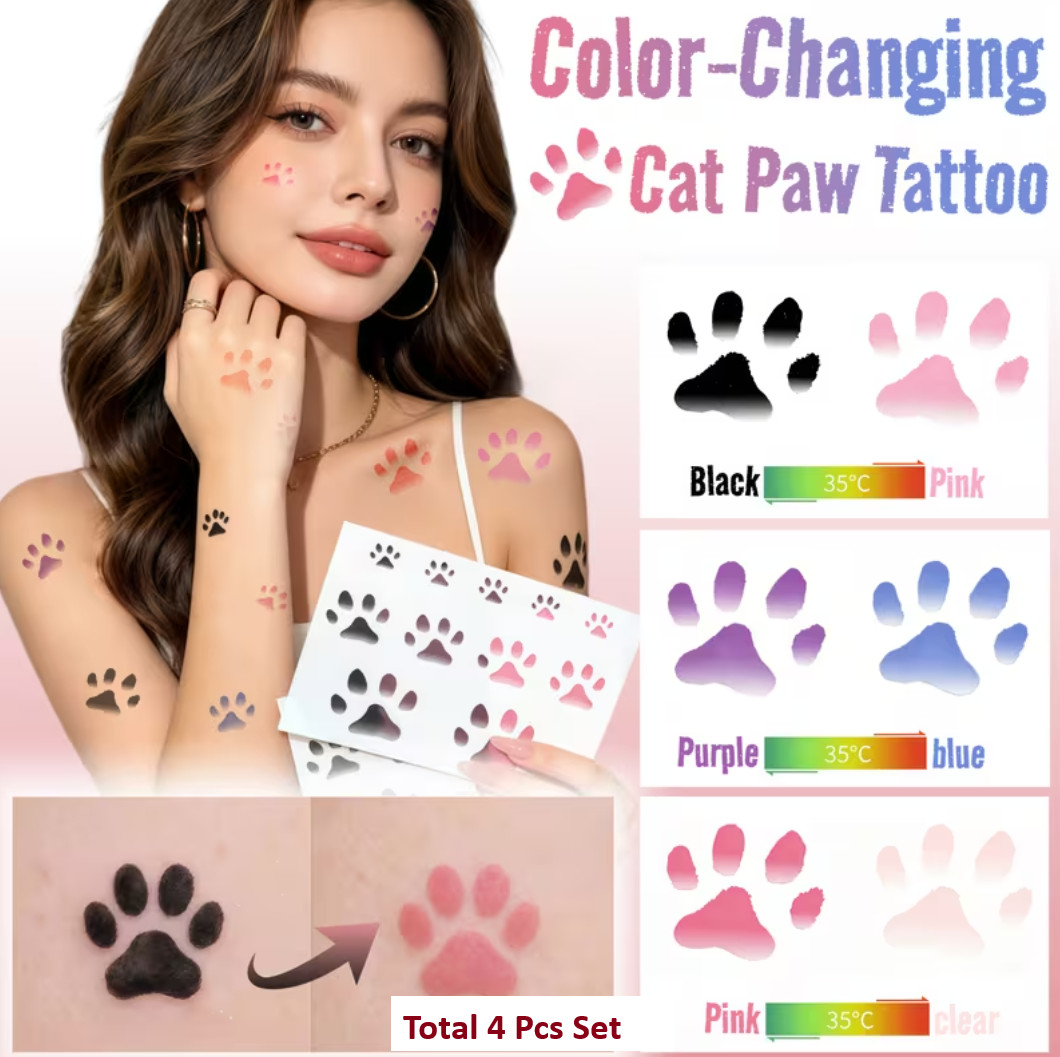4pcs Warm Up Color Changing Cat Paw Tattoo Stickers Temperature Sensitive NH13