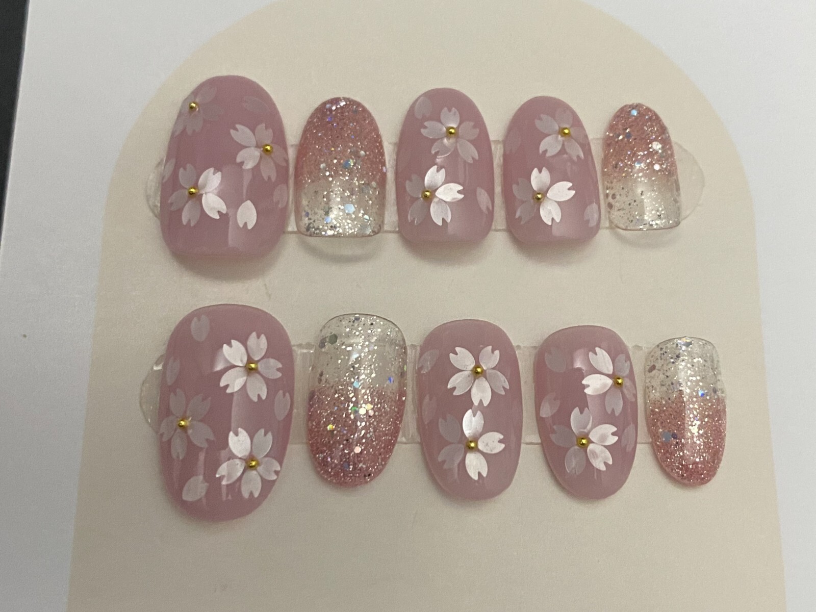 custom Nails Handmade press on nails-10 pcs-Medium-pink shinny flower
