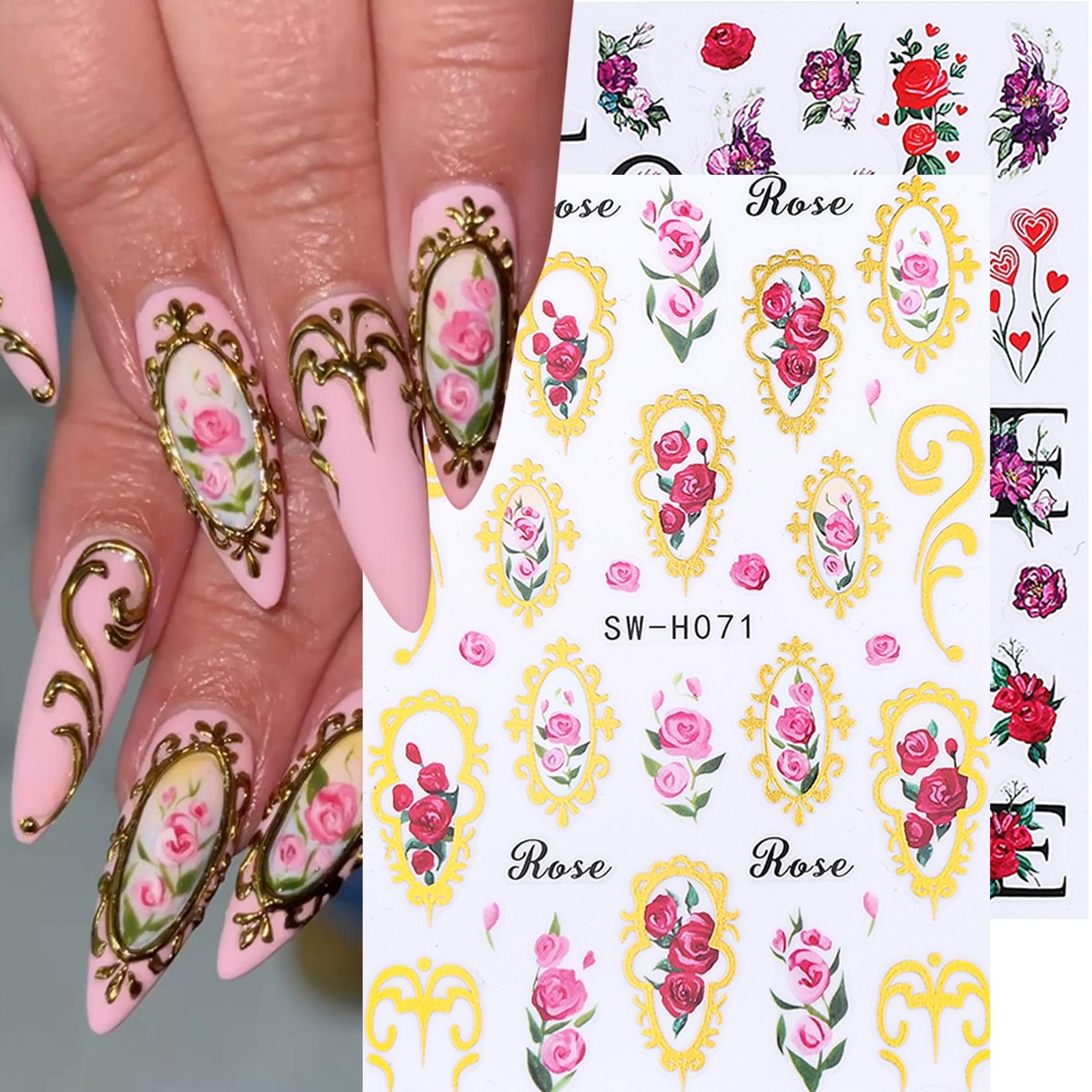 Rose Flower Nail Stickers Decals 12 PCS Romantic Red Pink Rose Nail Art Stick…