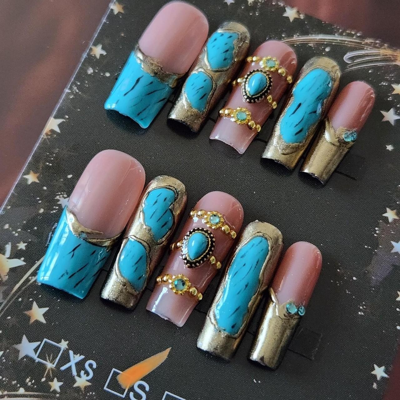 Turquoise gem & Gold 3.0 French tip, Long Coffin Bangle Nails. Size S.