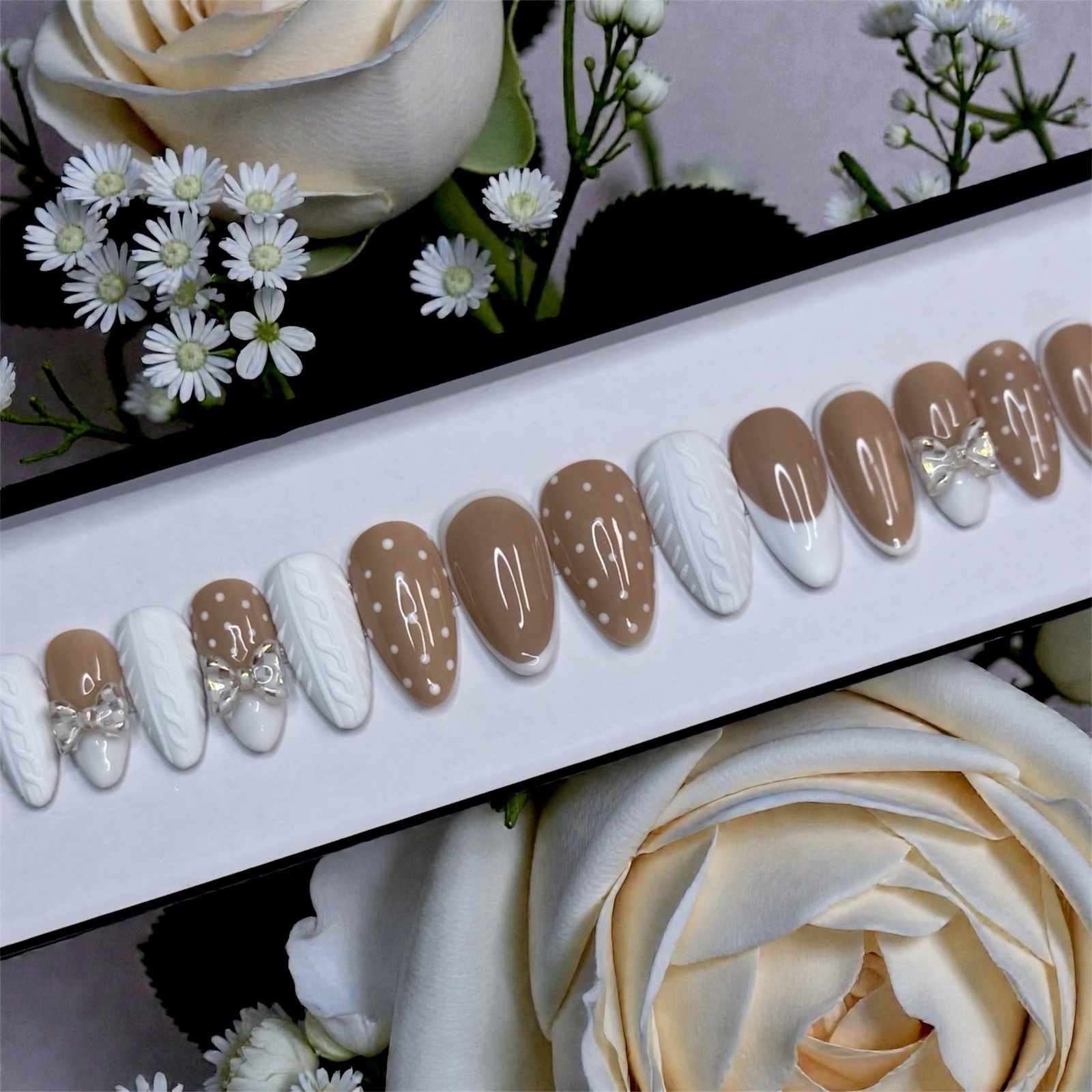 Handmade White Mocha Sweater Bow Press-On Nail Set (Prep Kit Included)