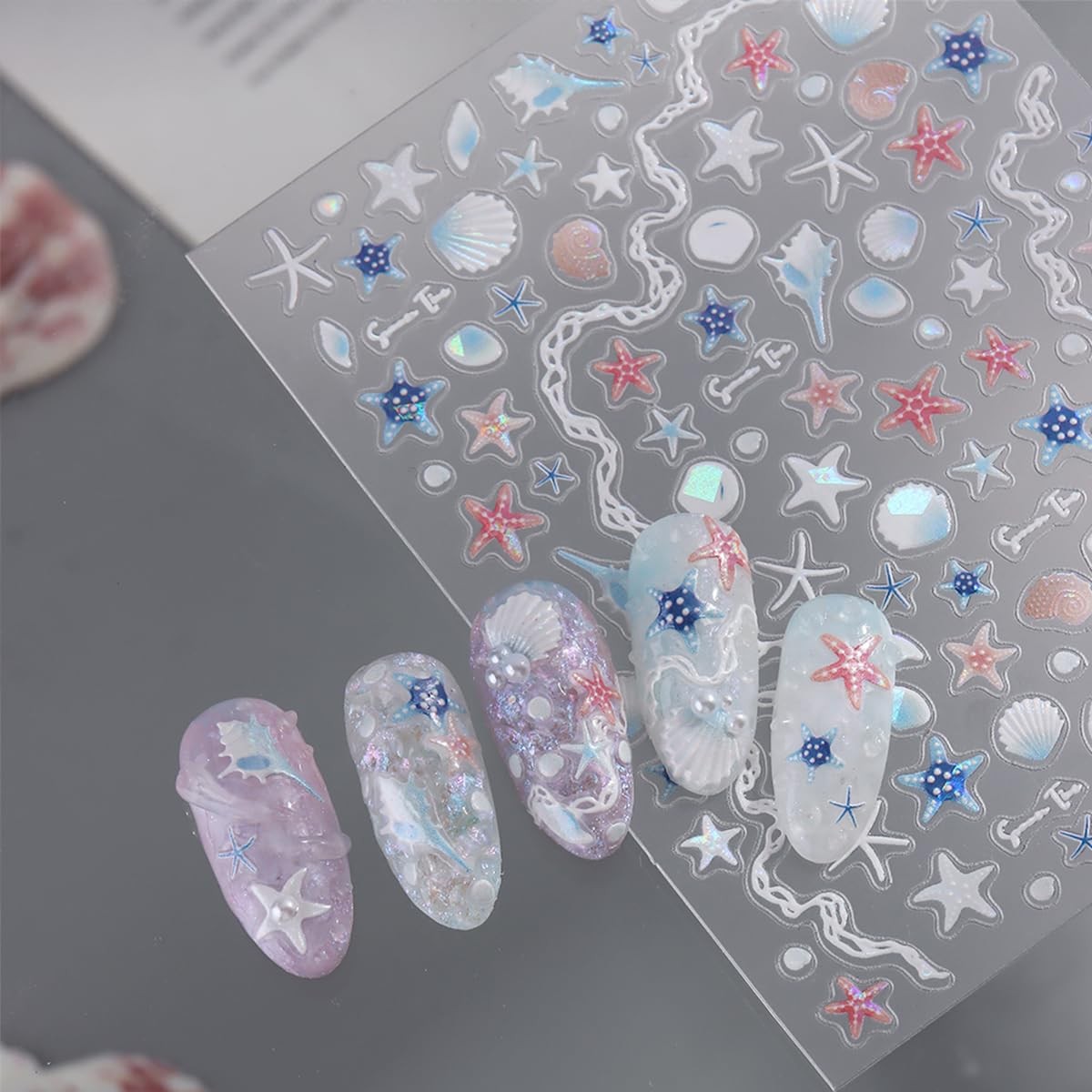 Summer Nail Stickers Decals 3D Ocean Self-Adhesive Starfish, Shells, Conch, P…