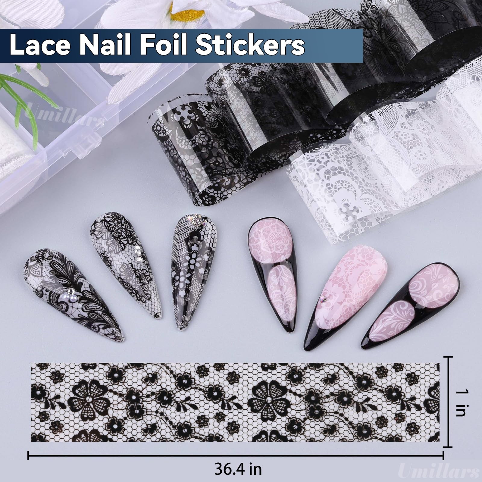 Umillars Black White Lace Nail Foils 2.5cm