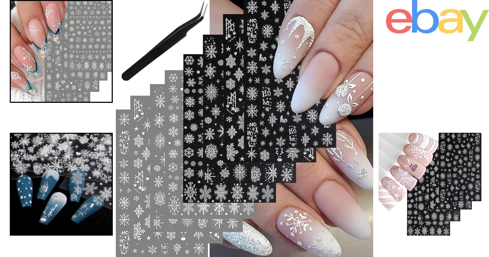 Nail Art Supplies: 8 Sheets of Winter Stickers with Snowflakes and Bells