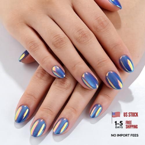 32Pcs Chrome Press on Nails Short Almond Fake Nails Blue Cat Eye False Style 3
