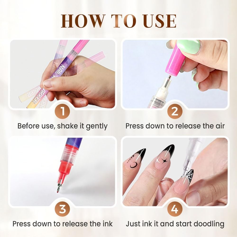 12 Colors Nail Art Pens Set – 3D Nail Art Markers, DIY Painting & Liner Brushes