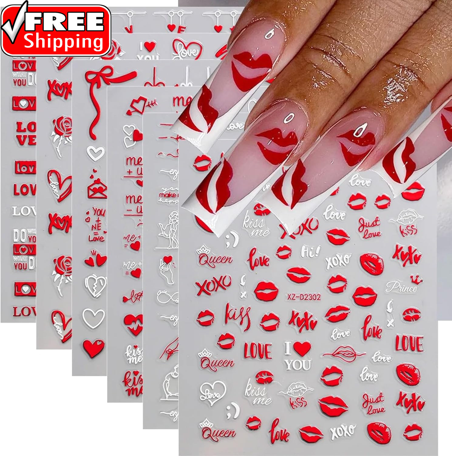 6 Sheets Valentine’S Day Nail Stickers, 3D Red & White Heart Nail Art Decals, Gl