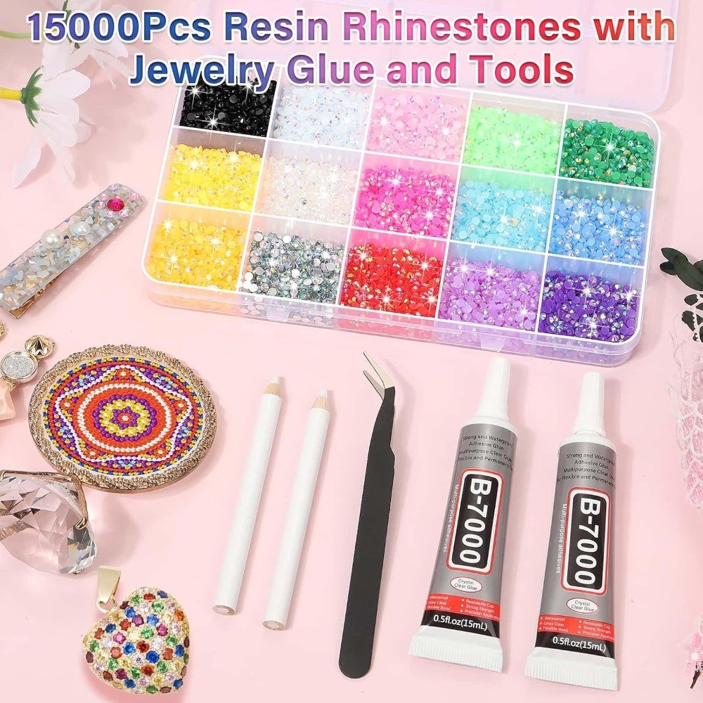 B-7000 Glue with 15000Pcs Craft Rhinestones, Resin Jelly Rhinestones Flat Back