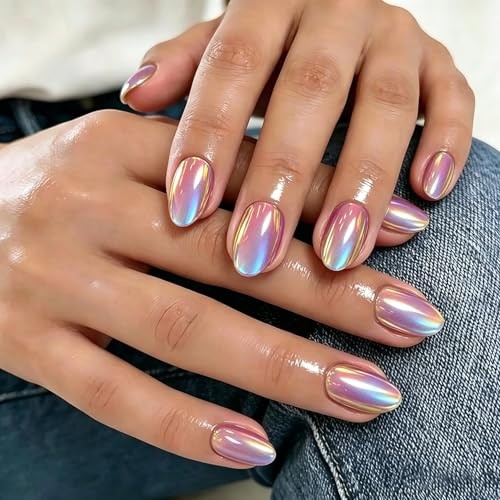 Chrome Press On Nails Short Oval, 32 Pcs Glazed Hot Pink Fake Nails hot pink