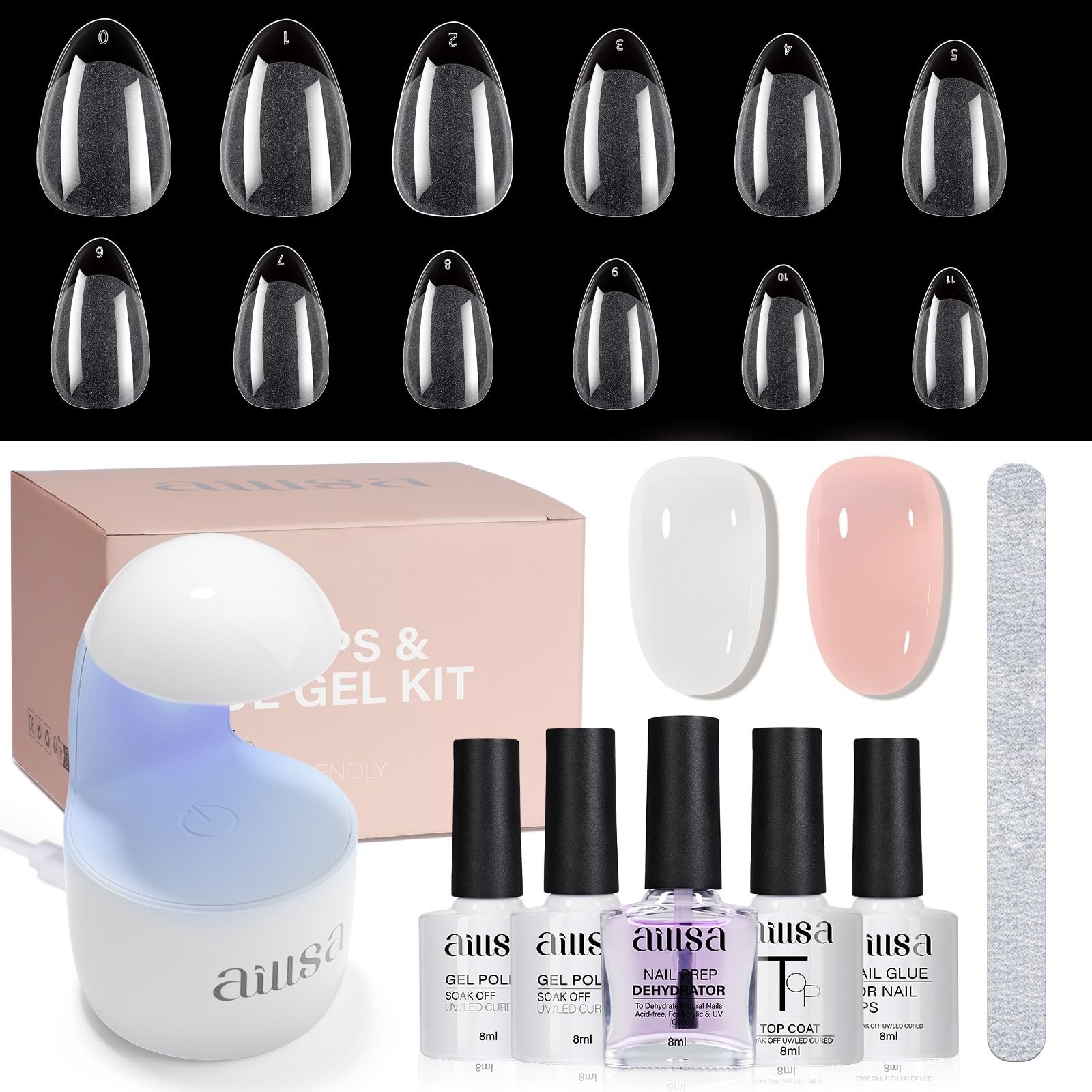 Nail Extension Kit 240pcs Short Almond Tips, 2-in-1 Glue & Base Coat, Gel Lamp