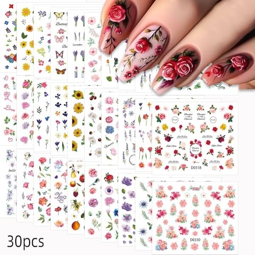30 Sheets Flowers Nail Art Stickers Colorful Floral Butterfly Nail Style8