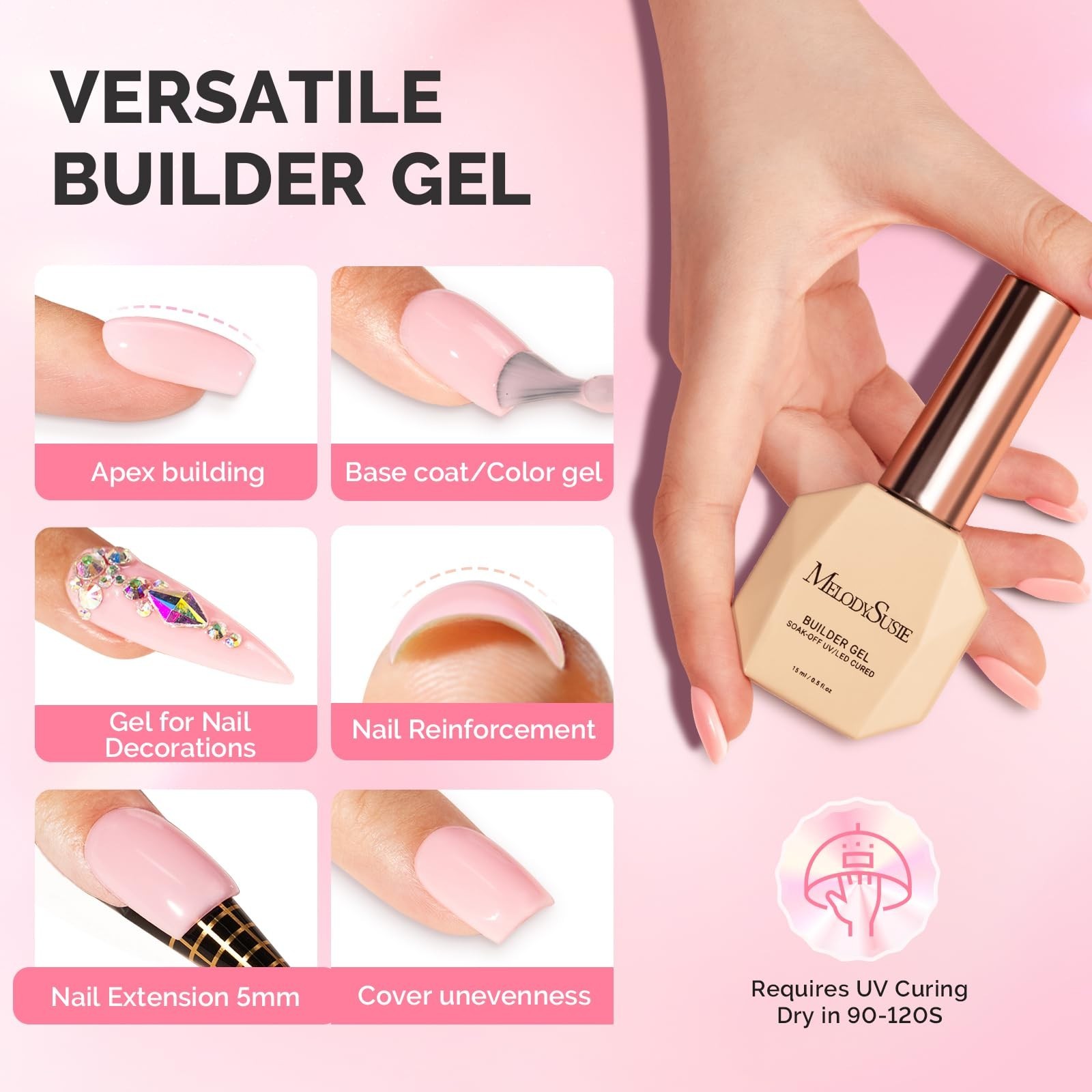 6PCS Builder Gel Nail Set – Thick Pink Base, Clear Rubber Gel, Soak Off UV, Rhin