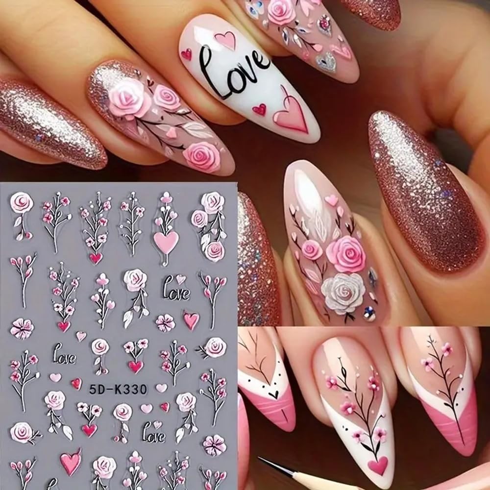 Purple Flower Nail Stickers 5D Embossed Branch Flowers Leaf Art A1