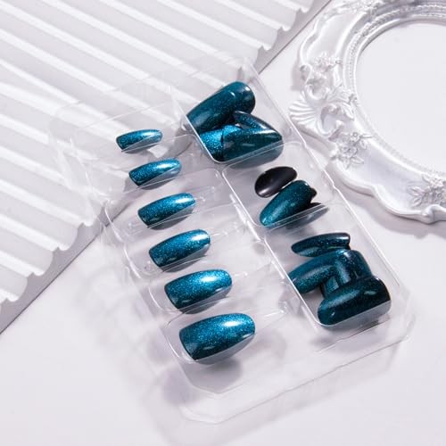 Blue Glitter Press on Nails Oval Fake Nails Cat Eye False Nails Short Style 18