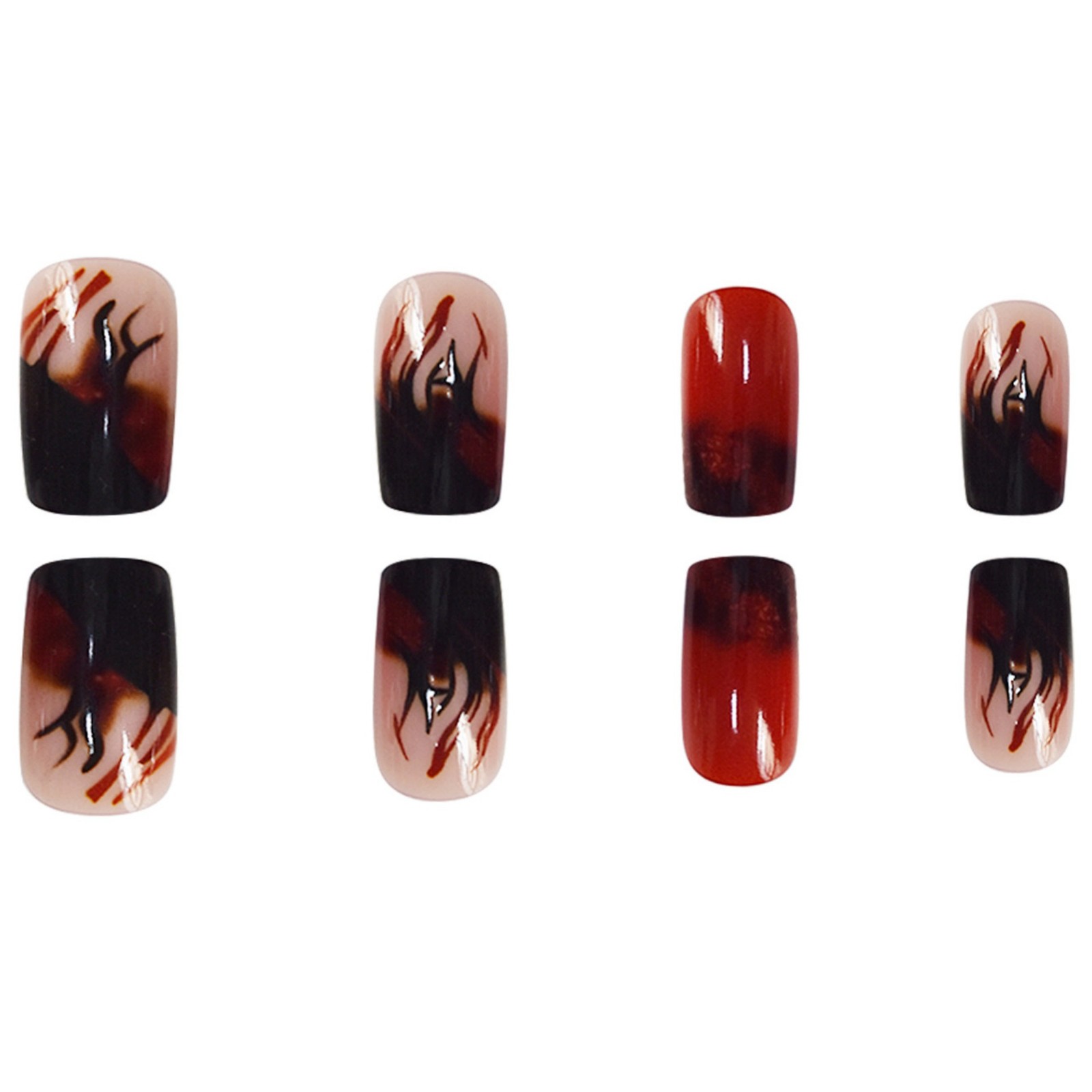 Red Black Gradient Flame Glitter Press On Nails Gothic Rectangle