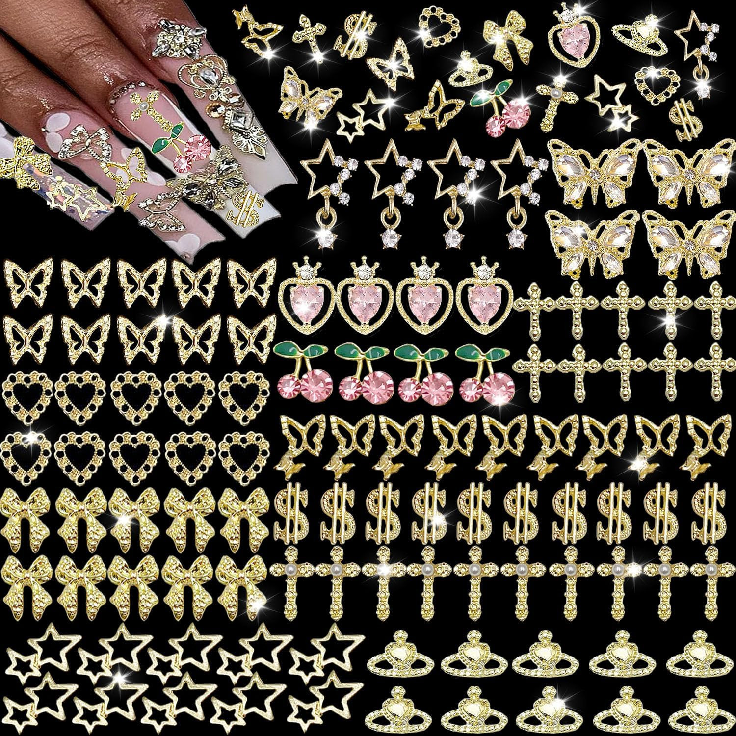 106 PCS Gold Nail Charms 3D Nail Art Charms Cherry Butterfly Cross Bow Star Hear