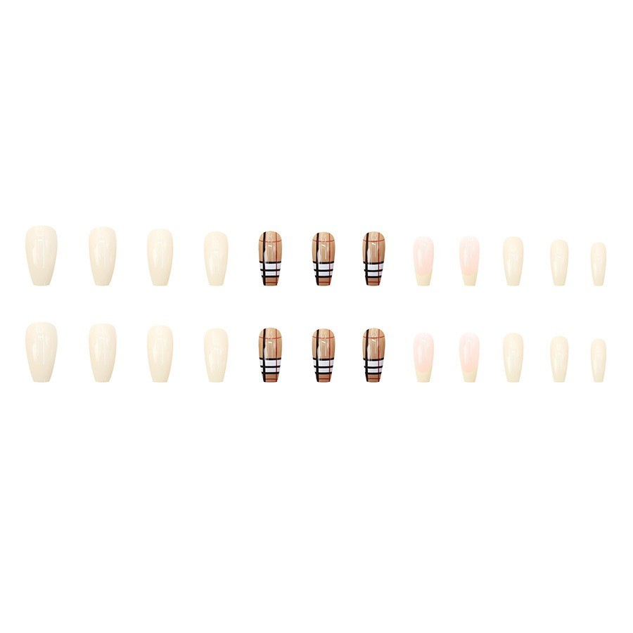 48 Pcs Plaid Press on Nails, Long Coffin Cream Nude Minimal Glossy Fake Nails