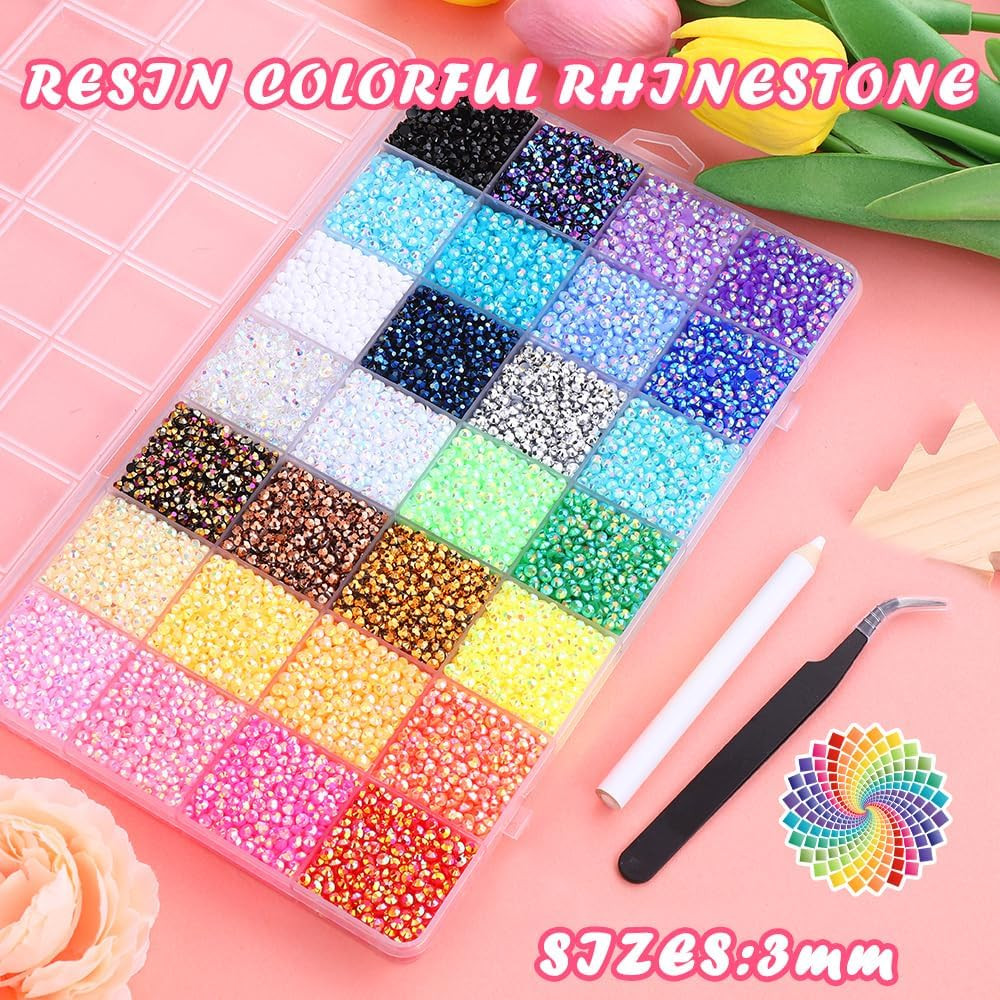 JOLCEEY 34000Pcs Nail Art Rhinestones, 28 Colors 3Mm Flat Back Nail Gems Crystal