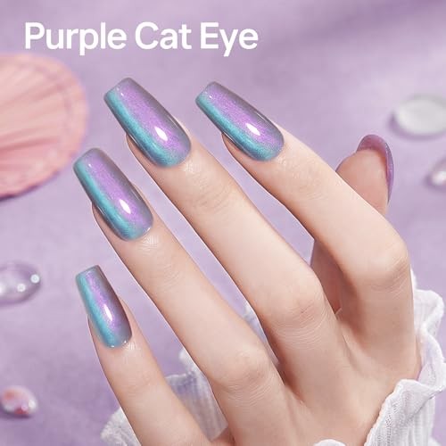 Cat Eye Nail Polish Non Gel, Quick Dry Blue Glitter Cateye Purple Aurora