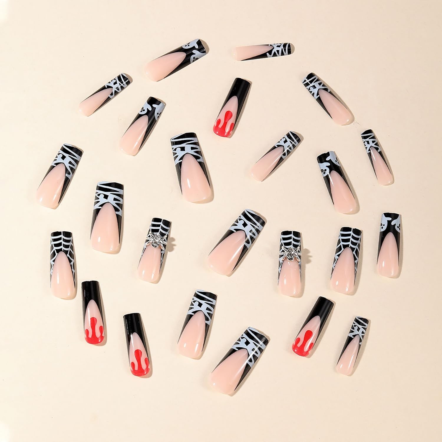 Halloween Press on Nails Long Coffin Fake Nails French Tip Black Acrylic Nail…