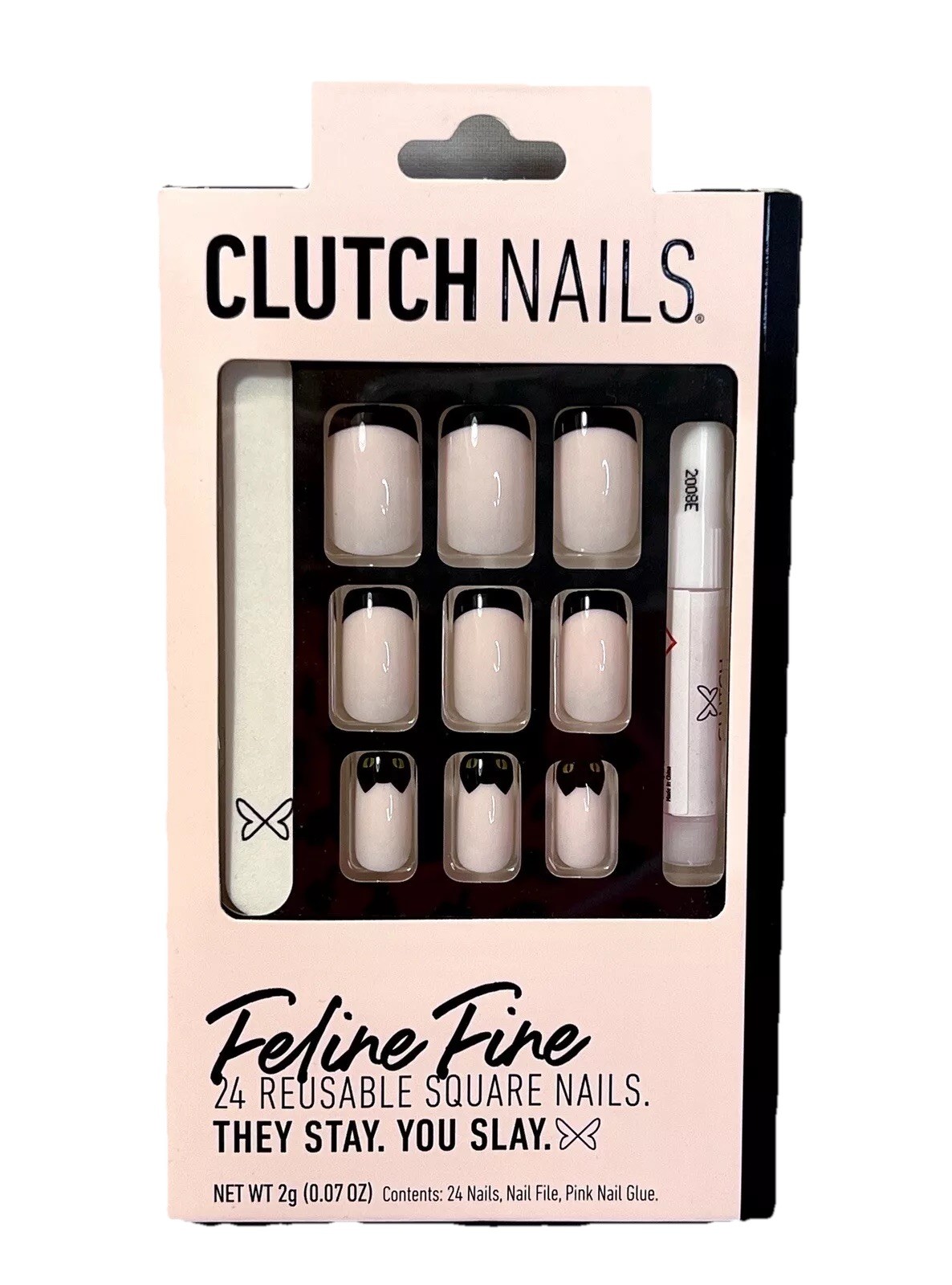 NIB “Feline Fine” Nude Black Cat Kitty Cute Clutch Press On 24 Nails Coffin Set