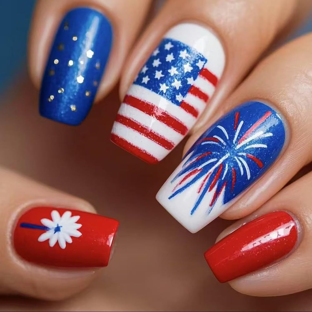 4Th of July Press on Nails Medium Square Fake Nails Flower Fireworks False Nails