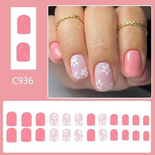 White Flowers Press on Nails – Short Square Fake Nail – Pink Floral Design