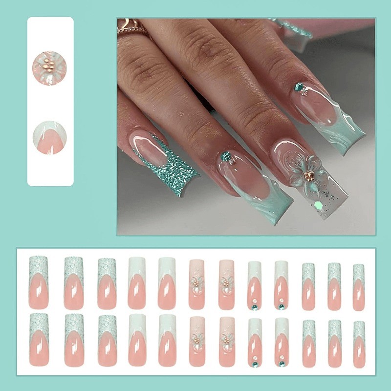 48 Pcs of Fresh Mint Green 3D Flower Handmade Fake Nails – Removable Fake Nail