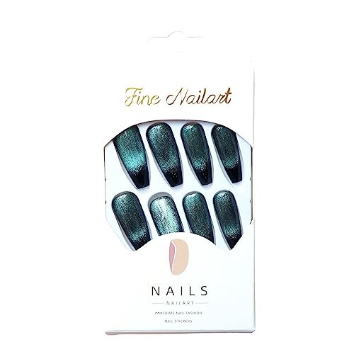 Glossy Press On Nails Long Coffin Blue Black Gradient Fake Nails for Cat style4