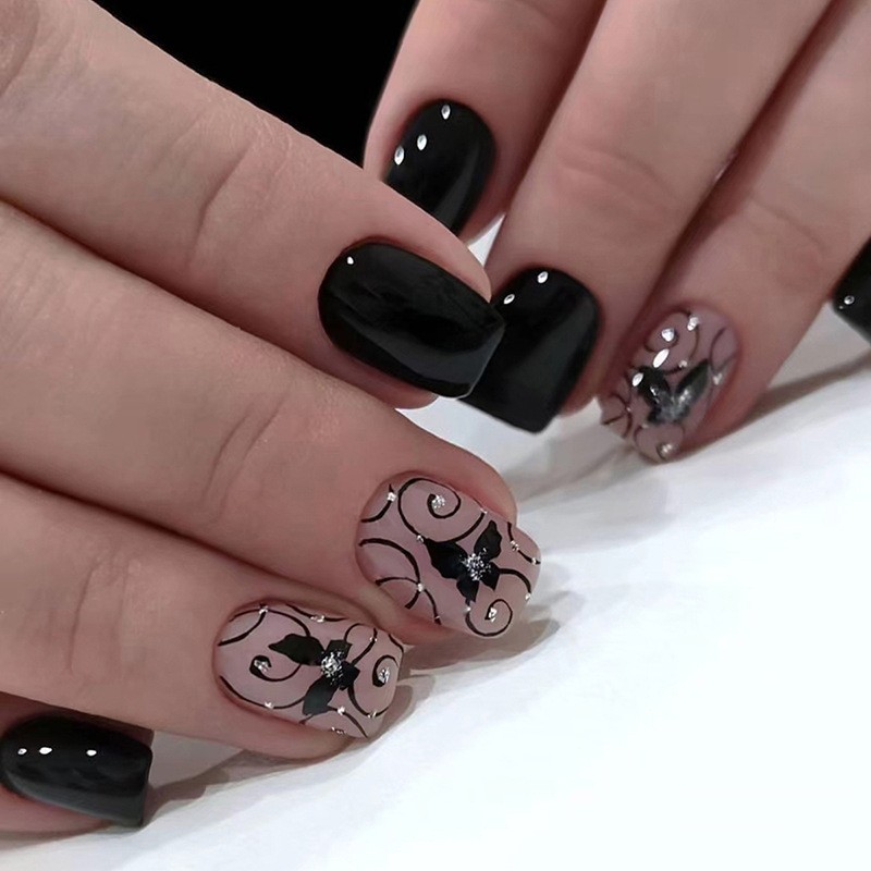 96PCS Elegant Floral Pattern Press on Nails Gradient French Reusable False Nails
