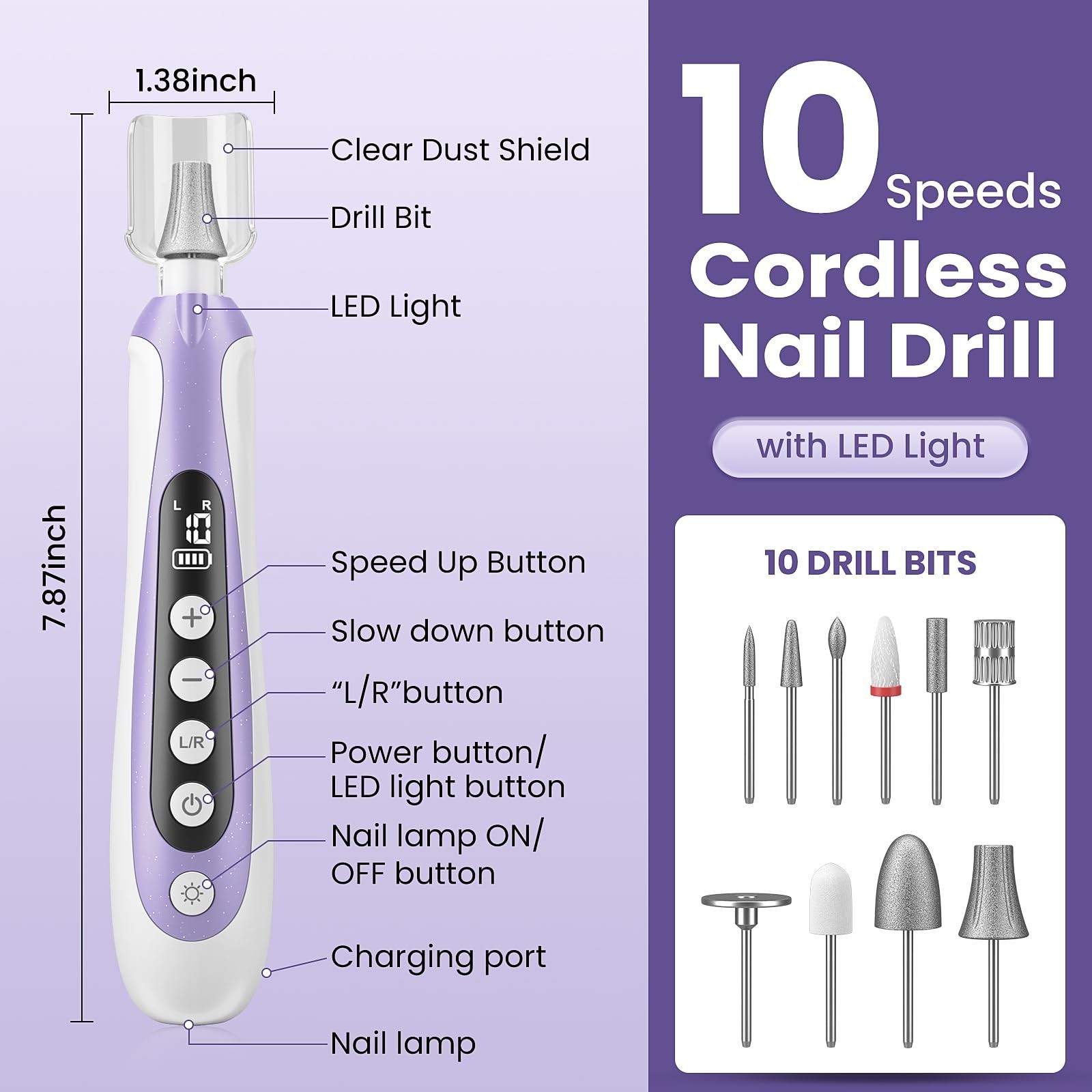 Nail Drill, Electric Nail File & 10-Speed Cordless Nail File, 10 in 1 Kit for…