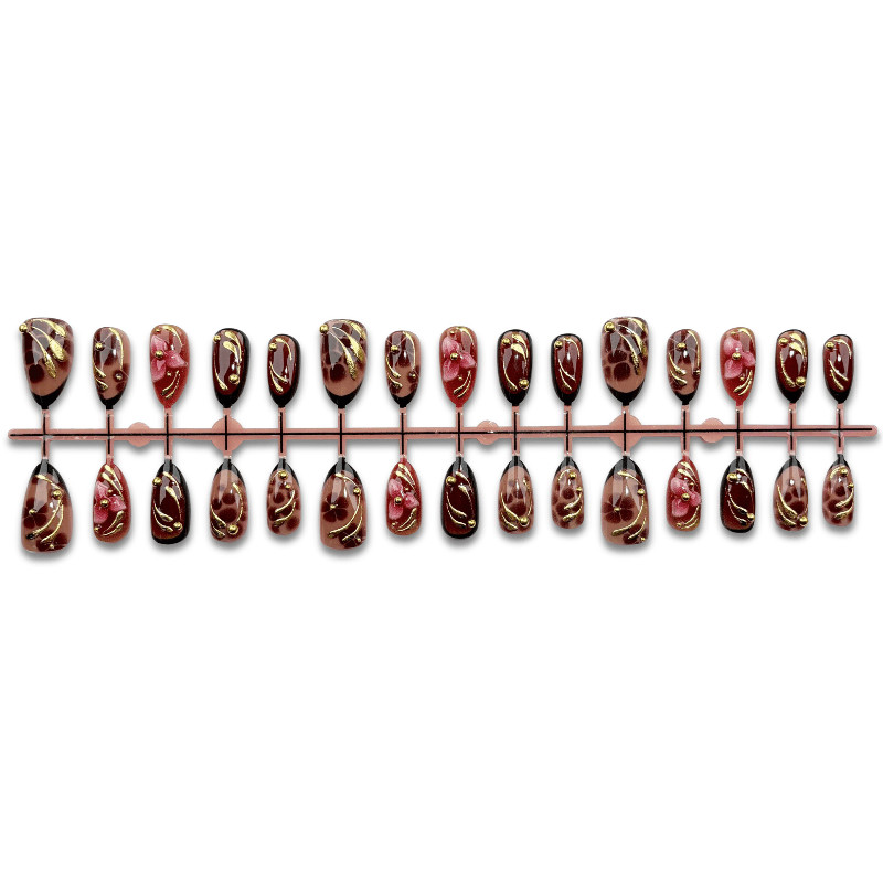 60pcs Short Oval Press on Nails,Caramel Tortoise 3D Flower Gold Line Trend Nails