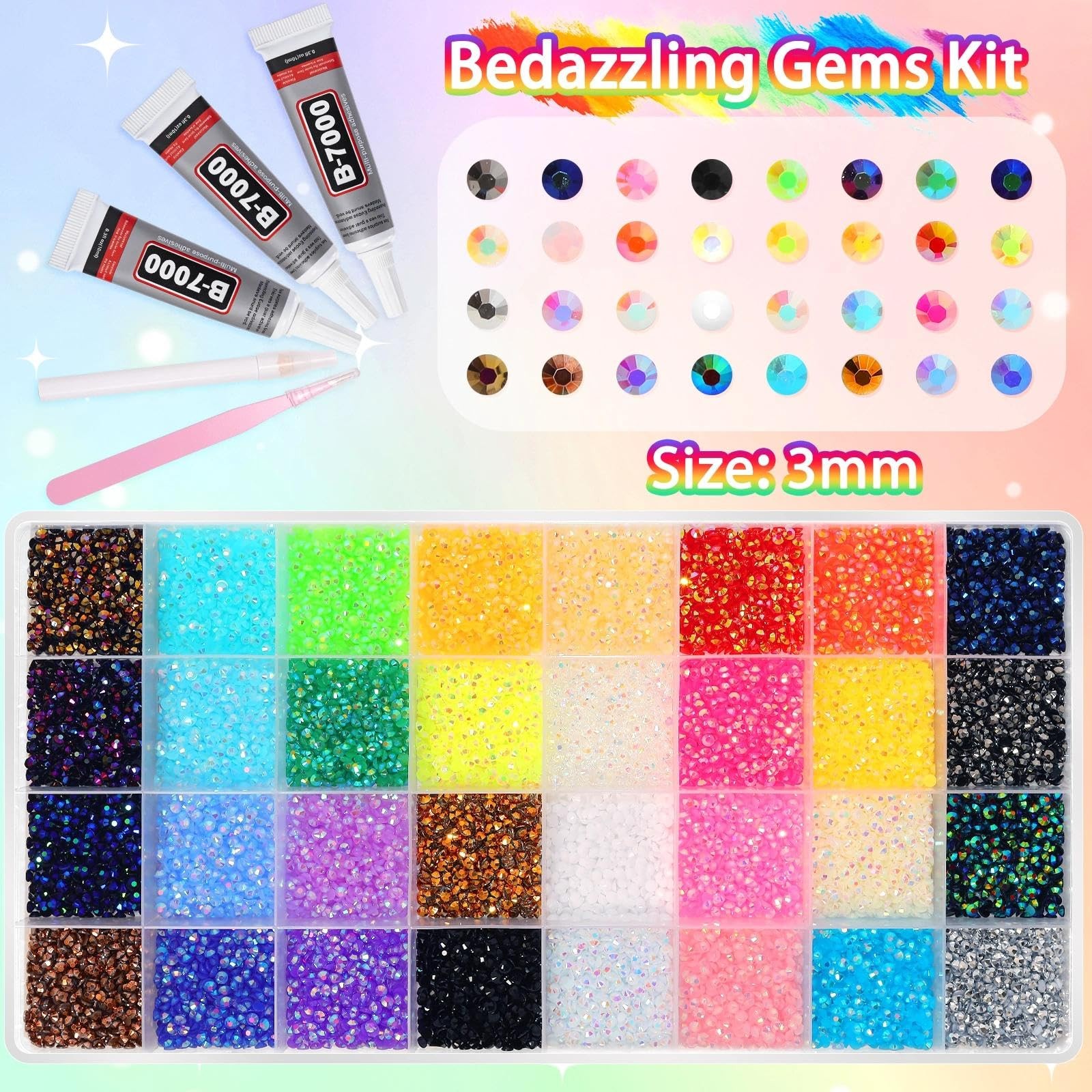 26000 Pcs Multiple Colors Jelly Flatback Rhinestones Bedazzling Kit, 3mm Resi…