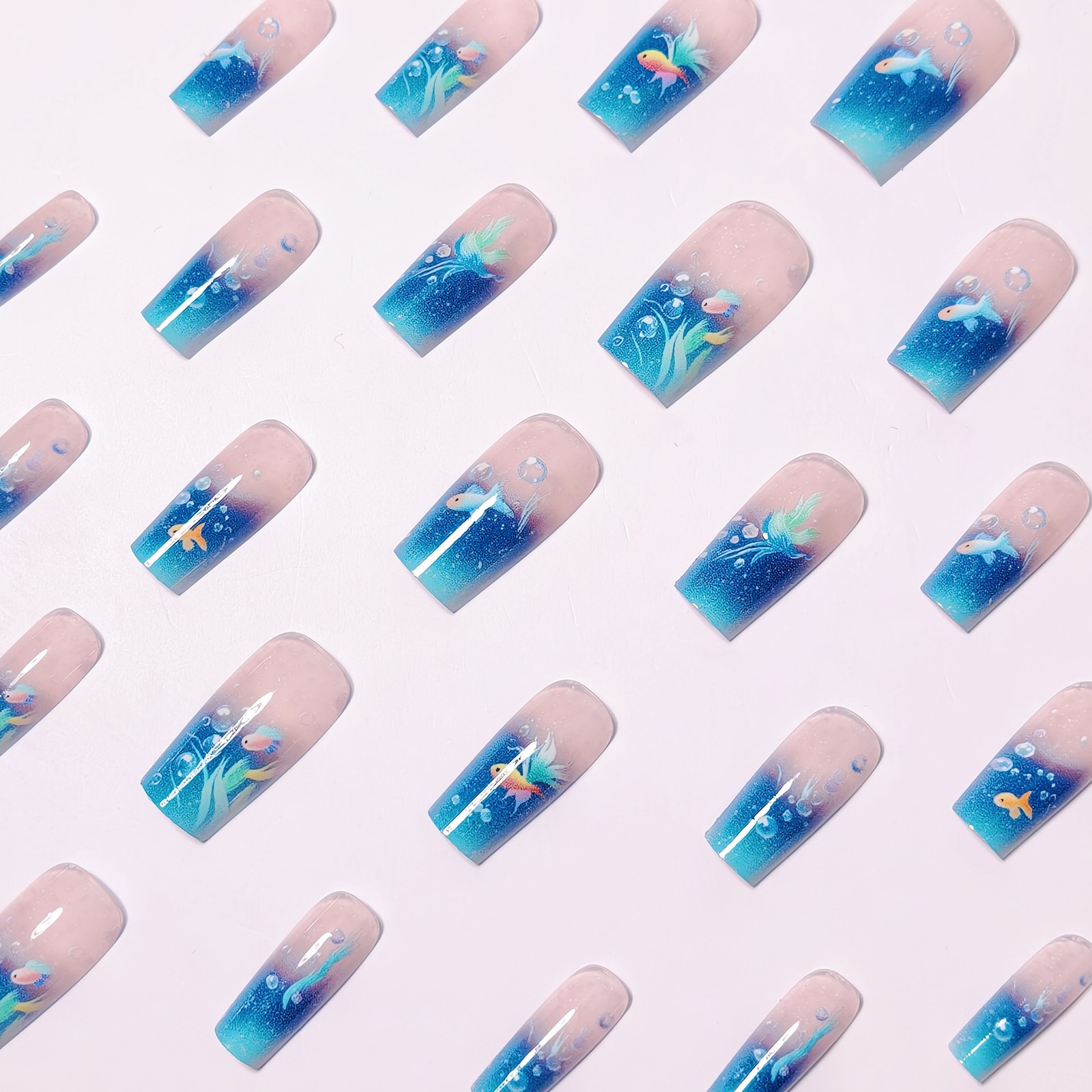 24pcs Press on Nails Goldfish Bubble Long Square Glossy Reusable Fake Nails