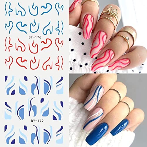 12 Sheets Nail Stickers Colorful Line Design Water Transfer Nail Decals